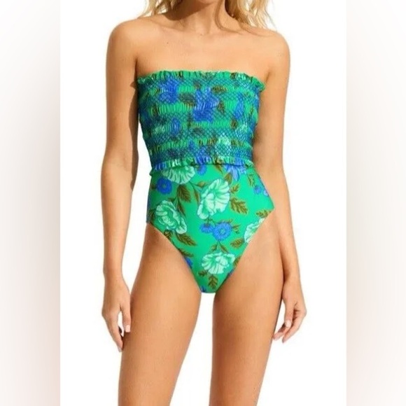 NWT Seafolly Women’s Garden Party Shirred Bandeau One Piece Swimsuit size US 4 - Picture 1 of 9